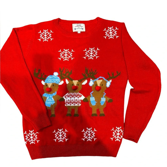 Christmas/Holiday Sweater by Daisy’s Boutique crew neck red with reindeer Size L - Picture 2 of 8